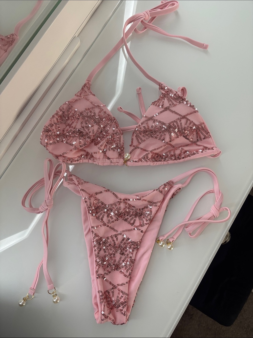 Pink Sequin Triangle Bikini Set